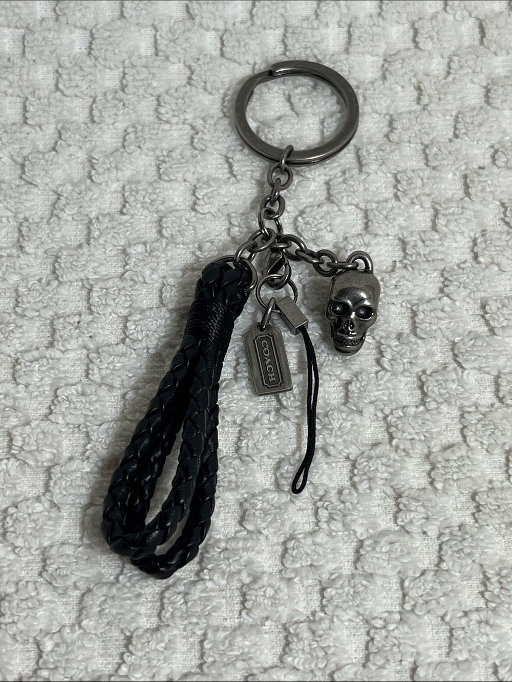 Coach Black Braided Leather Tassel w/Silver Skull Charm Keychain / Phone Charm